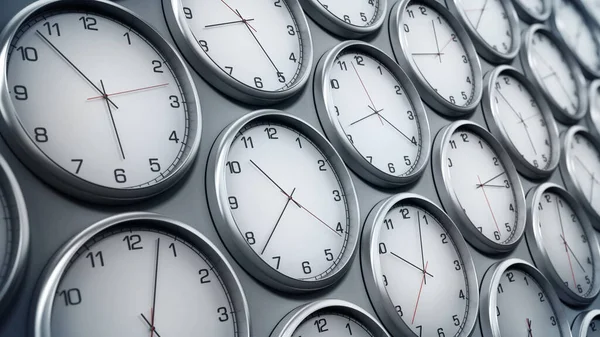 Relojes Pared Modernos Que Muestran Diferentes Zonas Horarias Las Ciudades — Foto de Stock