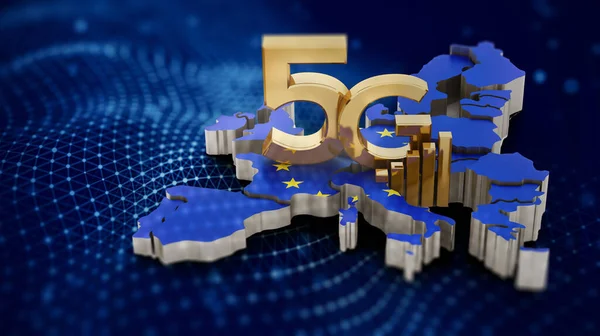 5G text on Europe map covered with European Union flag. 3D illustration.