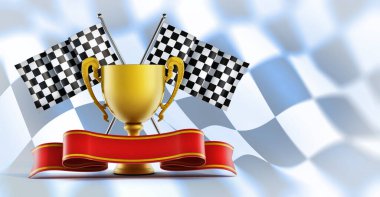 Altın kupa, kareli bayraklar ve işaretli bayraklarda kırmızı kurdele. 3B illüstrasyon.