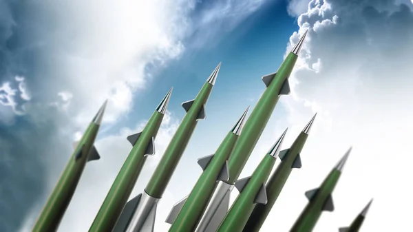 Green rockets aimed at the sky. 3D illustration.