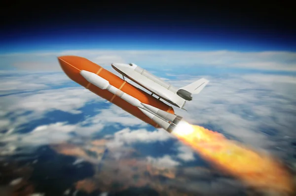 背景にロケットと地球上のスペースシャトル 3Dイラスト — ストック写真