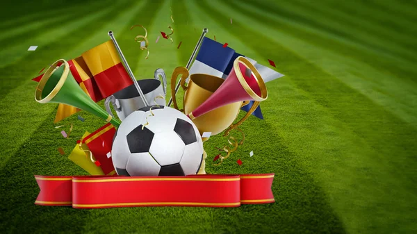 Piłka Nożna Flagi Czerwoną Wstążką Trąbki Ilustracja — Zdjęcie stockowe