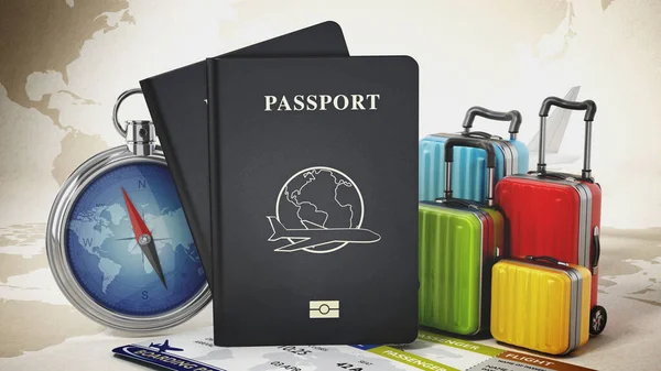 Διαβατήρια Βαλίτσες Εισιτήρια Και Πυξίδα Στο Φόντο Του Χάρτη Κόσμο — Φωτογραφία Αρχείου