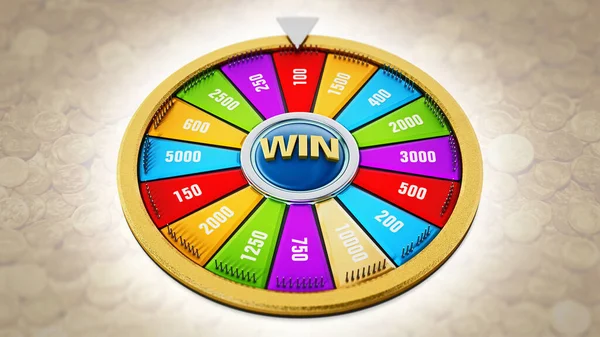 Wheel of fortune on coins background. 3D illustration.
