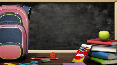 Okul çantası ve siyah sedyeye karşı duran eşyalar. 3B illüstrasyon.