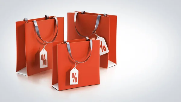 Red shopping bags with percentage tags. 3D illustration.