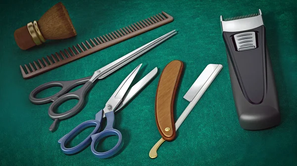 Парикмахерские Инструменты Стоят Зеленом Фоне Иллюстрация — стоковое фото