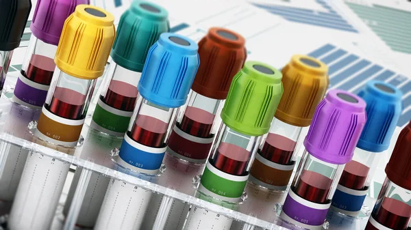 Флаконы Крови Яркими Цветными Крышками Стоящими Медицинских Формах Иллюстрация — стоковое фото