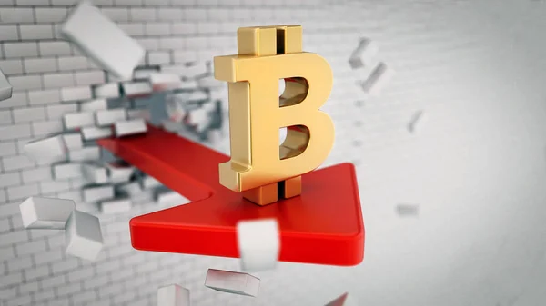 Bitcoin Símbolo Flecha Destruyendo Pared Ilustración —  Fotos de Stock