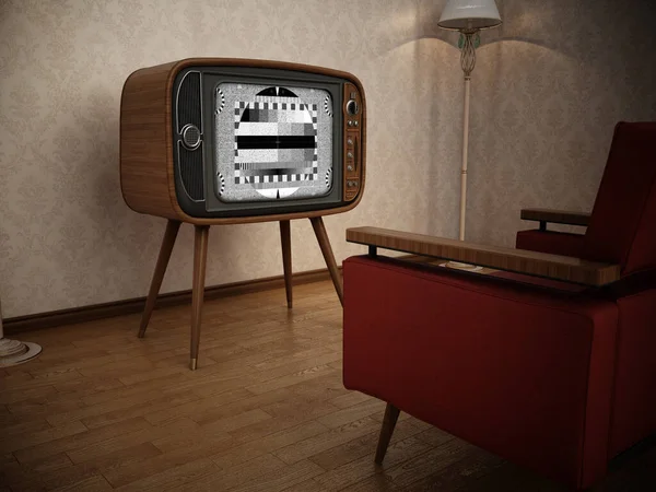 复古模拟电视和复古红色扶手椅 3D插图 — 图库照片