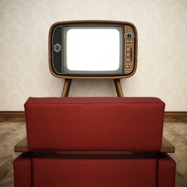 复古模拟电视与空白屏幕和复古红色扶手椅 3D插图 — 图库照片