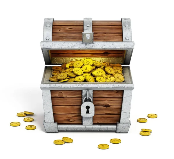 白い背景に隔離された金のコインでいっぱいの漫画の宝箱 3Dイラスト — ストック写真