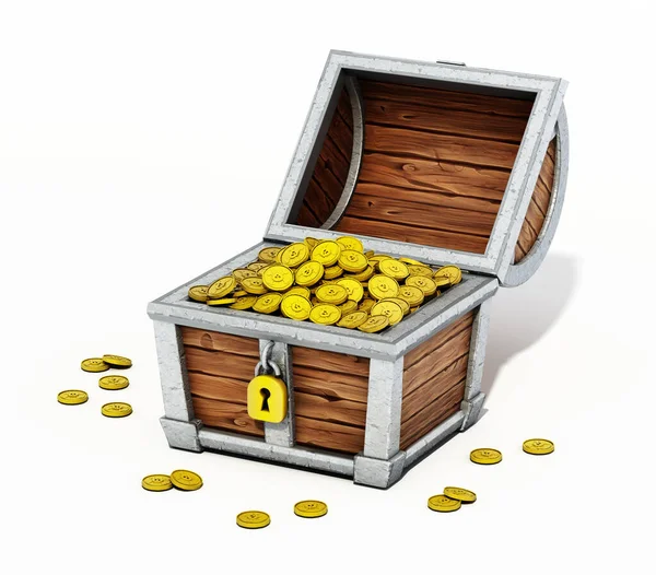 白い背景に隔離された金のコインでいっぱいの漫画の宝箱 3Dイラスト — ストック写真