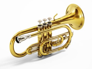 Kornet müzik aleti beyaz arka planda izole edilmiş. 3B illüstrasyon.