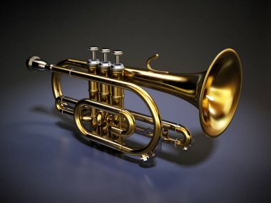 Kornet müzik aleti koyu arka planda izole edilmiş. 3B illüstrasyon.