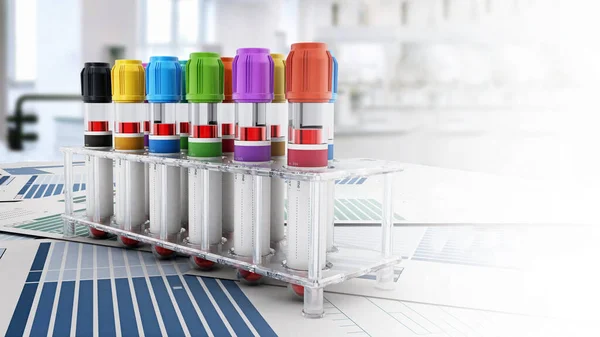 Blood Vials Vibrant Colored Lids Standing Medical Forms Illustration — Stock Photo, Image
