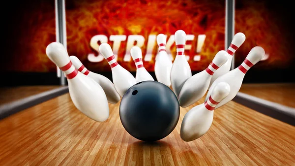 Bowlingschlagkonzept Mit Rollendem Ball Und Kegelnadeln Illustration — Stockfoto