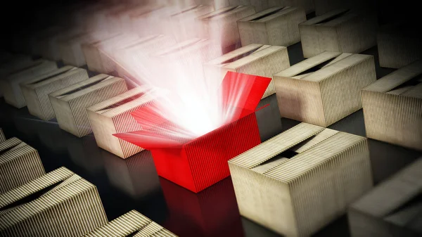 輝く光線が目立つと赤の段ボール箱 イラストレーション — ストック写真