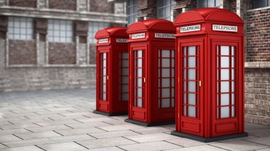 Kırmızı İngiliz kabinleri sokakta telefon. 3D çizim.