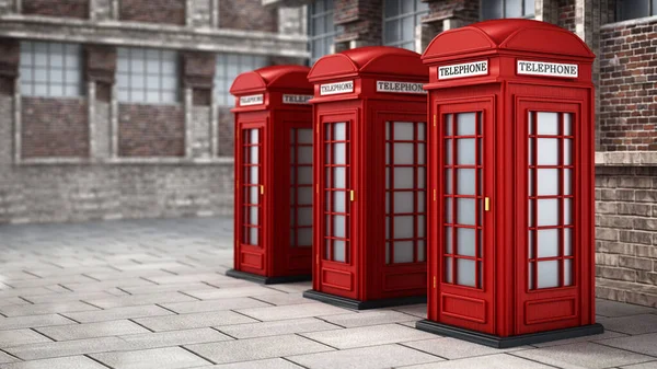 Red British phone booths in the street. 3D illustration.