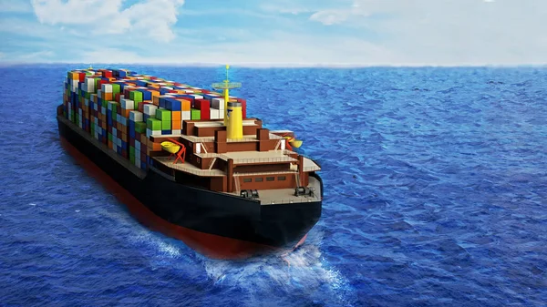 Cargo ship loaded with multi colored containers. 3D illustration.