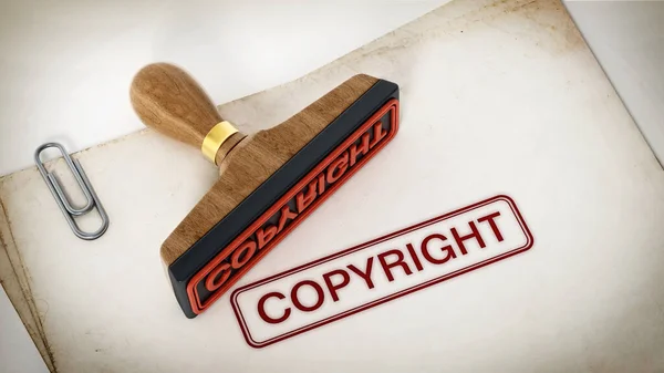 Copyright stamp standing on documents. 3D illustration.