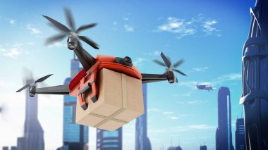 Pilotsuz taşıyan kargo kutusunu. 3D çizim.