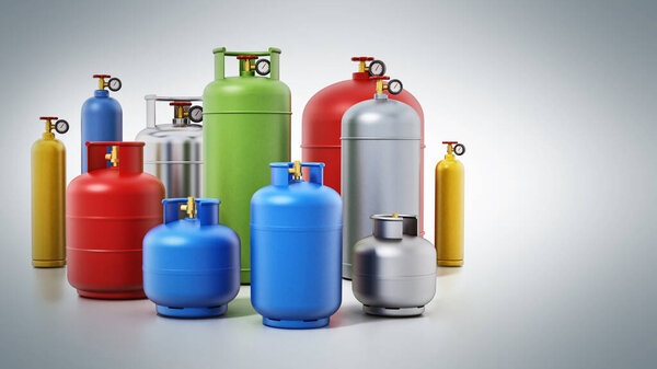 Multi-colored gas cylinders isolated on white background. 3D illustration.