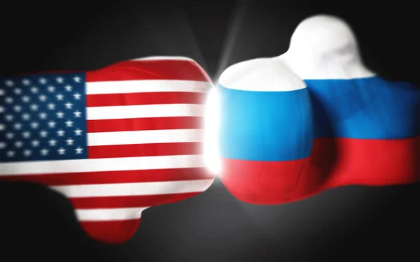 美国和俄罗斯国旗在黑色上有质感的拳击手套 — 图库照片