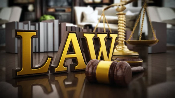 Law Word Gavel Balanced Scale Wooden Table Illustration — Stock Photo, Image
