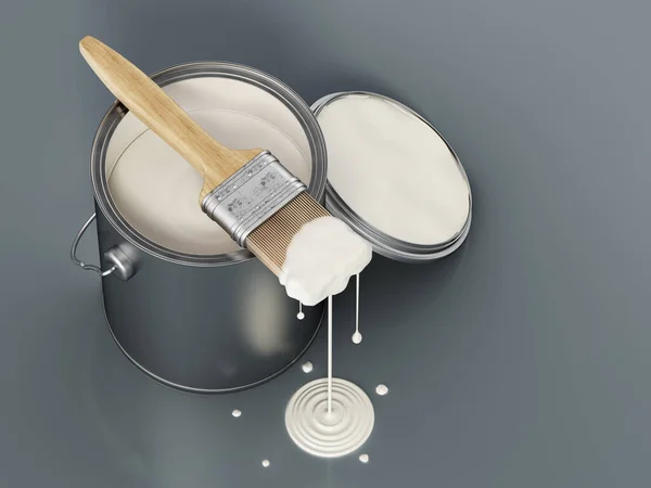 Offene Farbdose Und Pinsel Mit Tropfender Weißer Farbe Auf Grauem — Stockfoto