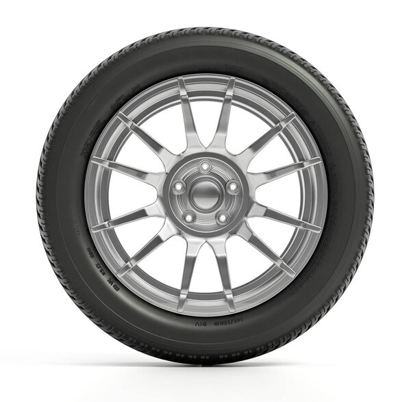 Общие колесо автомобиля и шины изолированы на белом фоне. 3D иллюстрация.