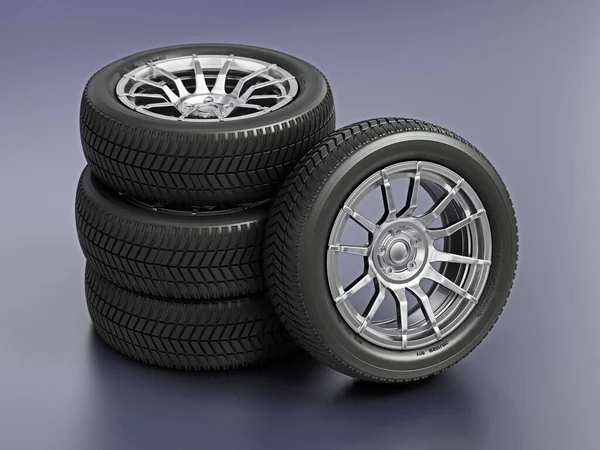 グレーの背景に一般的な車のホイールとタイヤ 3Dイラスト — ストック写真