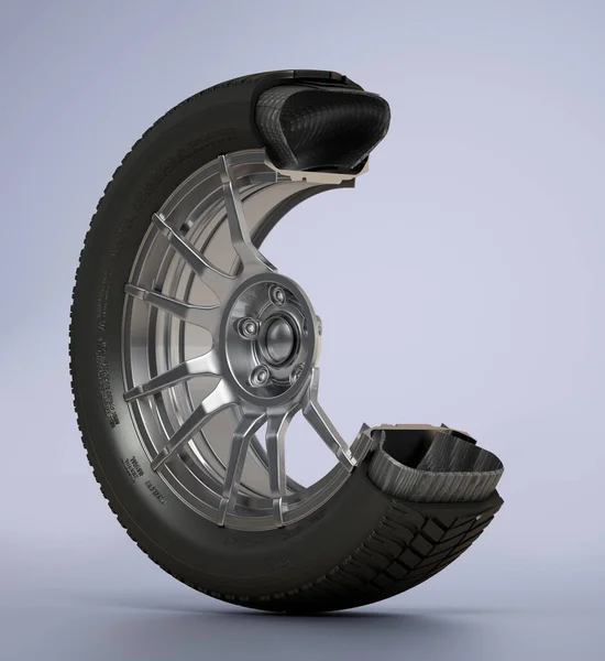 图解显示灰色背景下汽车轮胎和车轮的内部结构 3D插图 — 图库照片