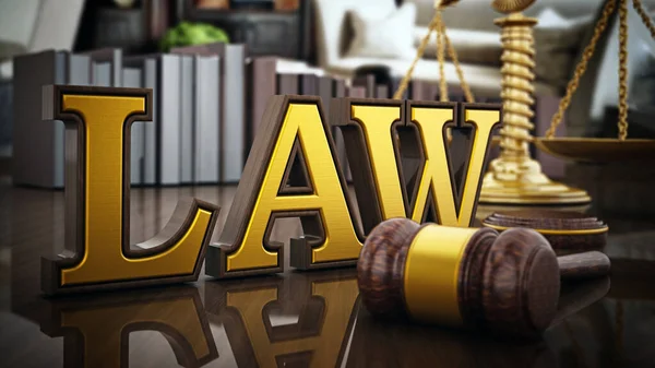 Law Word Gavel Balanced Scale Wooden Table Illustration — Stock Photo, Image