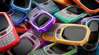 Eski stil çok tuş takımı ile cep telefonları renkli. 3D çizim.