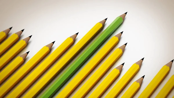 绿色和黄色的铅笔排列得像一个销售图表 3D插图 — 图库照片