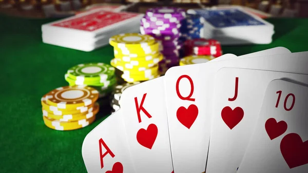 Poker Royal Flush Hand Und Casino Hands Auf Dem Pokertisch — Stockfoto
