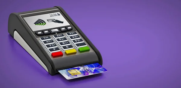 Máquina Punto Venta Tarjeta Crédito Aislada Sobre Fondo Púrpura Ilustración — Foto de Stock