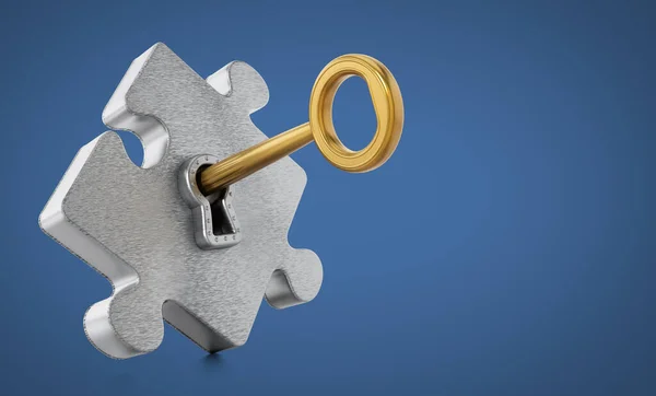 Golden Key Unlocking Metallic Puzzle Piece Illustration — Stock Photo, Image