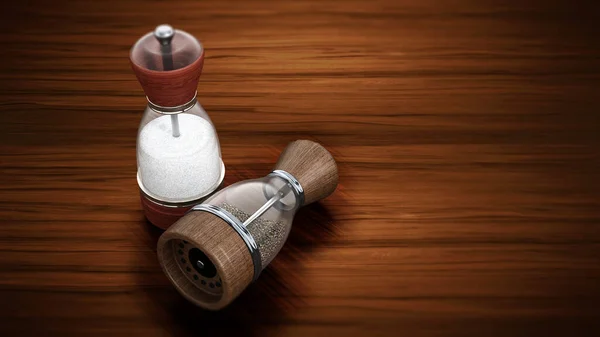 Glass salt and pepper grinder set standing on wooden table. 3D illustration.