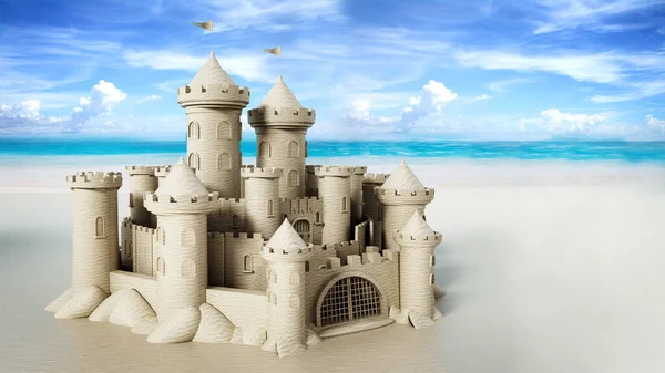 stock image Sand castle built on the sands of a beach. 3D illustration.