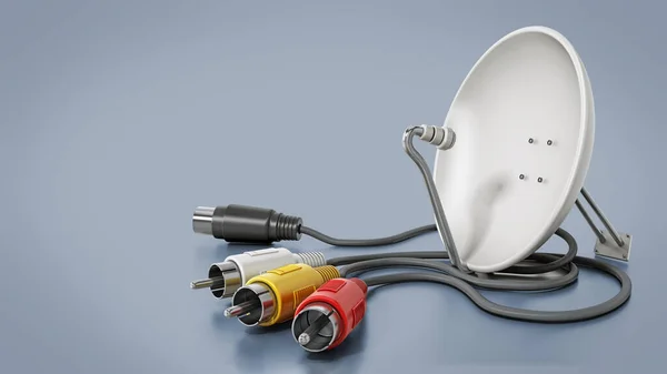 Satellite dish and S-video cables isolated on gray background. 3D illustration.