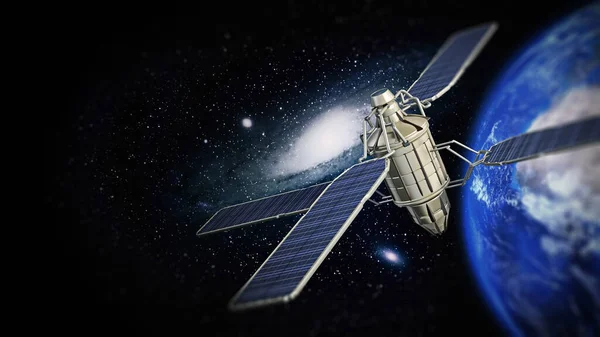 Communication satellite in Earth\'s orbit. 3D illustration.