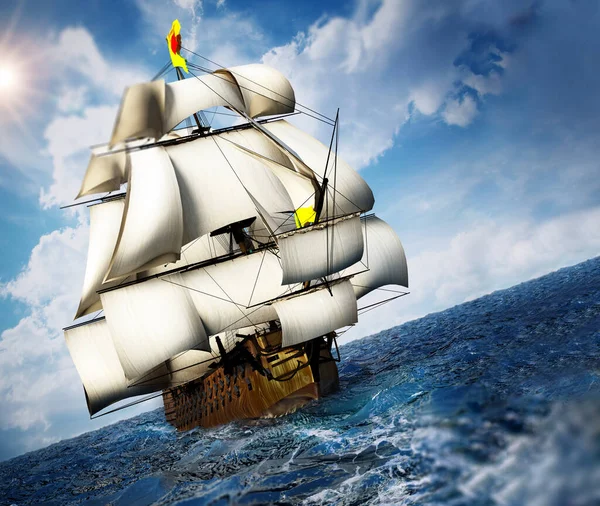 晴れた空の下で海に帆船のヴィンテージ イラストレーション — ストック写真