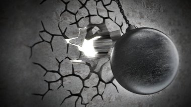 Yıkım topu eski duvar yıkan. 3D çizim.