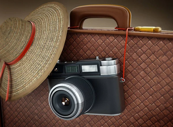 빈티지 카메라와 가방에 여자의 일러스트 — 스톡 사진
