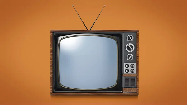 用橙色背景隔离的老式电视机 3D插图 — 图库照片