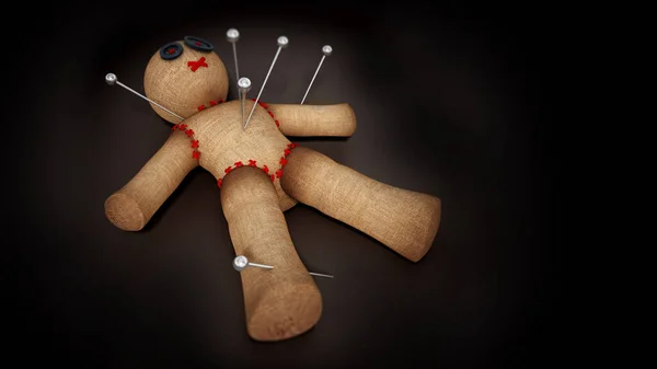 stock image Voodoo doll with needles isolated on black background. 3D illustration.
