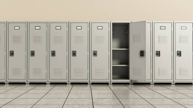 Okul için metal depolama dolapları, fitness kulübü veya üst üste spor salonu. 3B illüstrasyon.